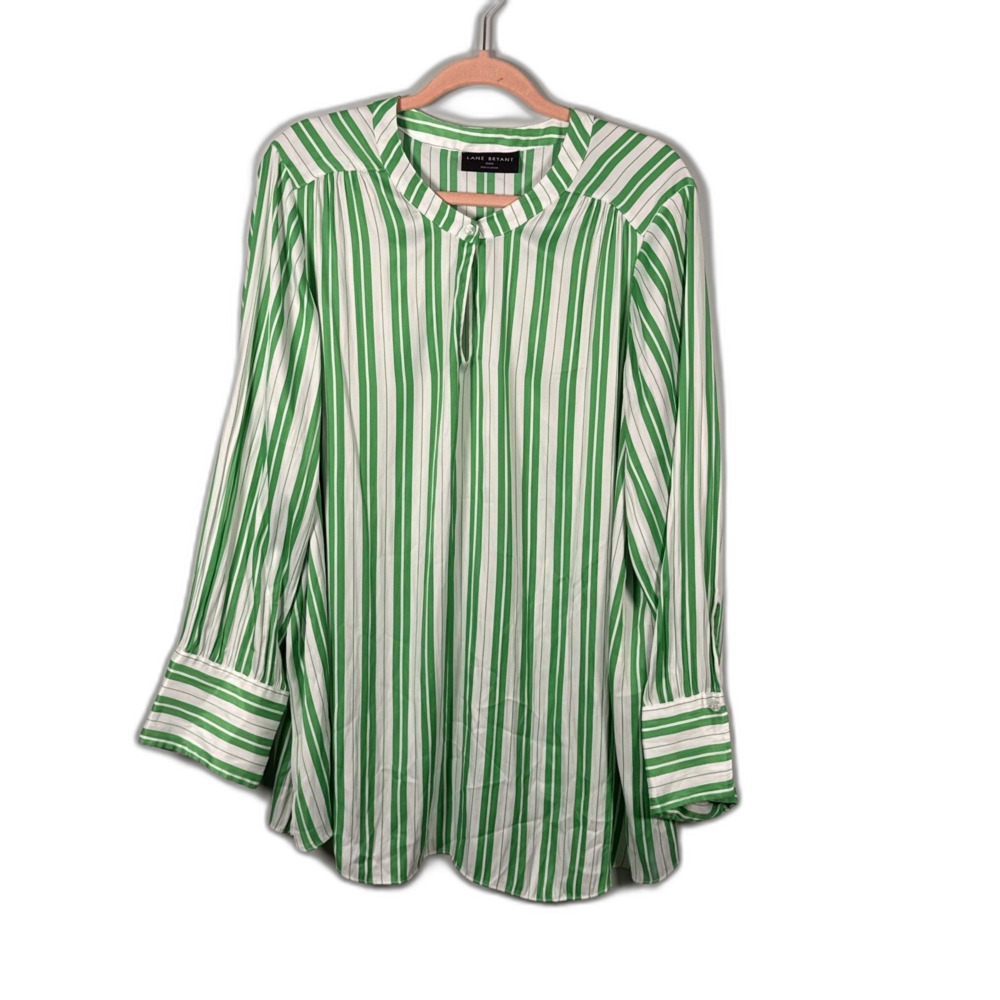 Lane Bryant Top Blouse Green White Satin Striped Size 24 Relaxed Collar